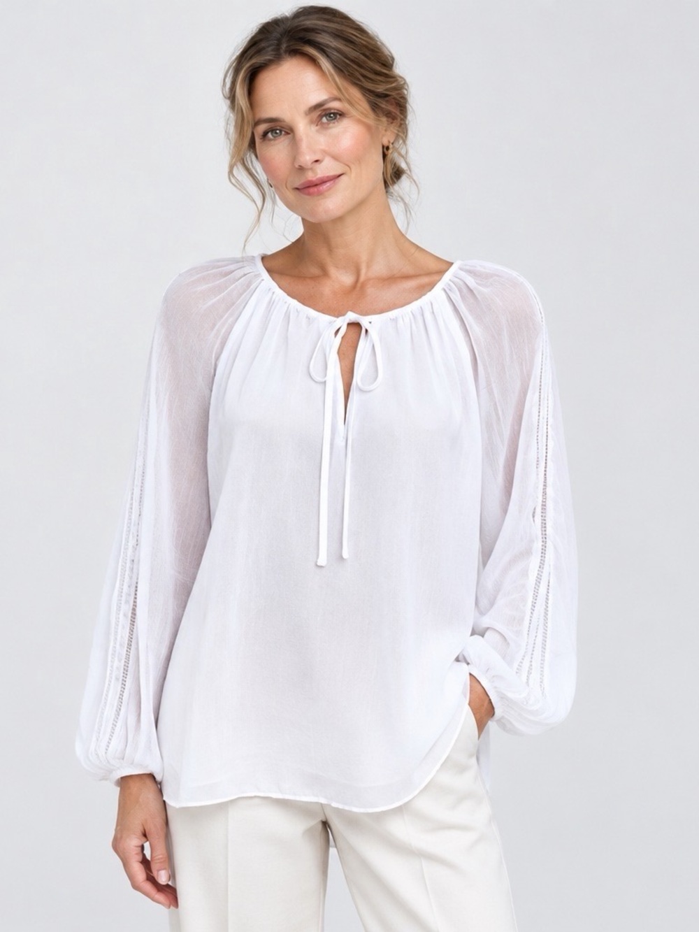 White House Black Market Ivory Tie Neck Sheer Sleeve Blouse Size 0